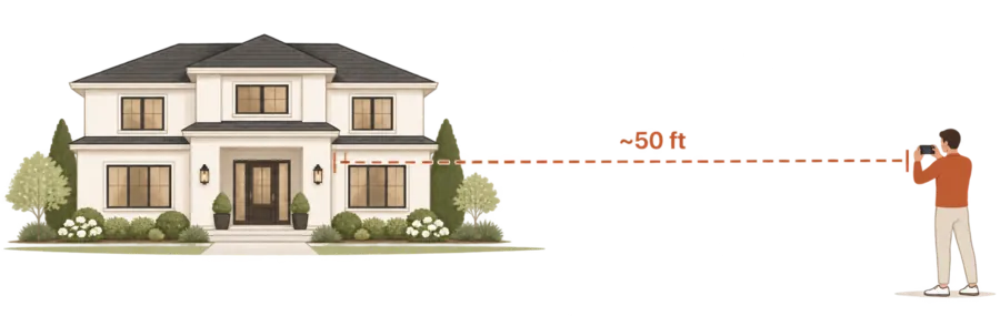 A person photographing a whole house front from about 50 ft away